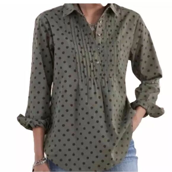 Sundance Lively Days Olive With Polka Dots Pin Tuck Detail Tunic Popover L - Picture 1 of 5